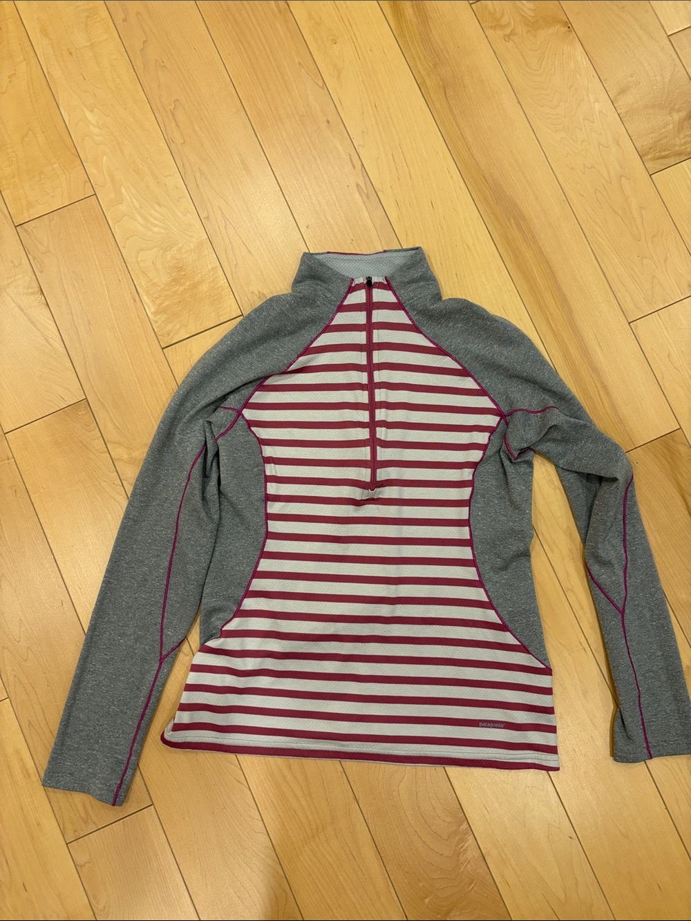 Patagonia Gray Pullover with Pink Striped Back Panel